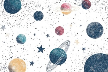 Aufkleber - A stylized depiction of planetary and stellar formations on a clean white surface