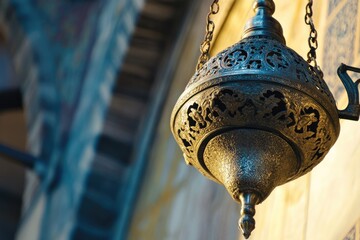 Poster - A metal lantern hangs from the side of a building