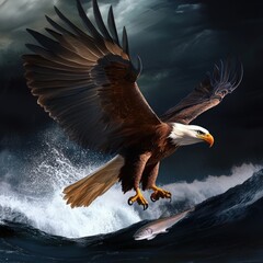 Poster - A bald eagle soaring above a wave in the ocean, great for use as a symbol of freedom and power