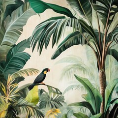 Poster - A bird is sitting peacefully on a tree branch, surrounded by lush greenery