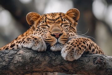 Poster - A leopard is relaxing on a tree branch, enjoying the sun