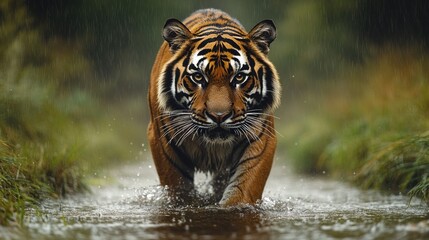 Poster - A tiger wading through the shallow water