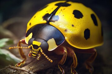 Aufkleber - A close-up shot of a ladybug sitting on a tree branch, with a focus on its tiny details and colors