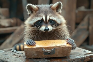 Poster - A raccoon perched on a wooden log, possibly searching for food or resting