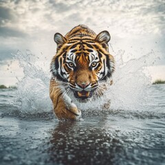 Aufkleber - A tiger swimming through a river or lake