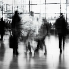 Wall Mural - Group of people moving through a modern lobby with glass and steel architecture