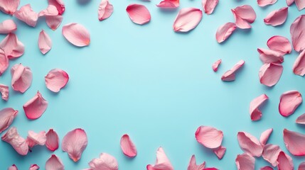 Wall Mural - Beautiful spring nature background with lovely blossom, petal a on turquoise blue background , top view, frame. Springtime concept.Beautiful spring nature background with lovely blossom, petal a on