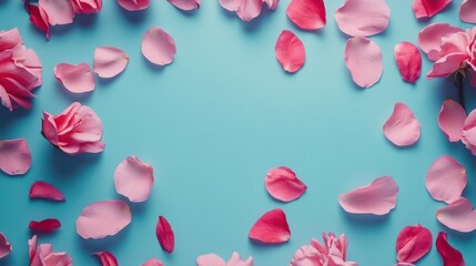 Wall Mural - Beautiful spring nature background with lovely blossom, petal a on turquoise blue background , top view, frame. Springtime concept.Beautiful spring nature background with lovely blossom, petal a on