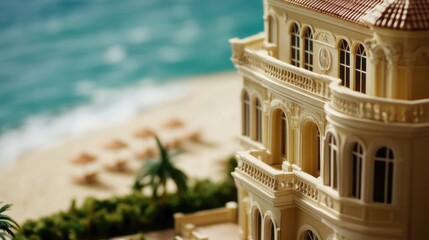 Poster - A modern building constructed right next to the sandy coast, ideal for use in travel or architecture related projects