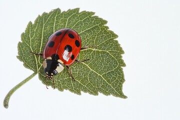 Poster - A ladybug sits on the edge of a green leaf, its shiny exoskeleton and black spots standing out against the natural background