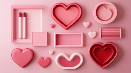 Wall Mural - Set of pastel pink and red soft 3D heart shape frame design. Collection of geometric backdrop for cosmetic product display. Elements for valentine day festival design. Top view. illustrationSet of