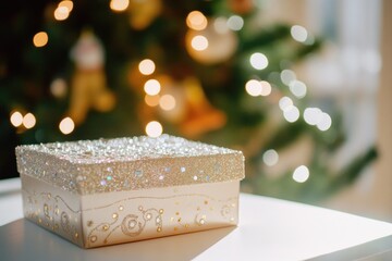 Poster - A small white box sits next to a decorated Christmas tree