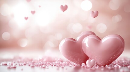 Wall Mural - Love valentine background with pink falling hearts over white.