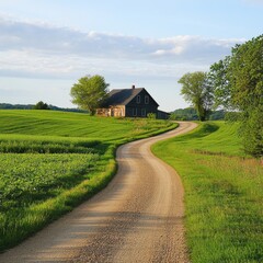 Poster - Rural house in the distance on a dirt road, suitable for country or rustic themed projects