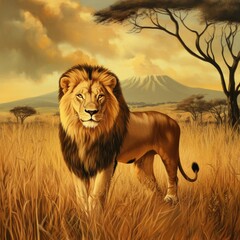 Poster - A majestic lion standing in a green field, with a sunny sky background