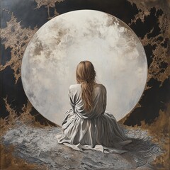 Aufkleber - A woman sits beneath the brightness of a full moon, surrounded by a peaceful atmosphere