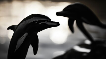 Poster - A close-up view of two dolphins swimming together in a calm sea