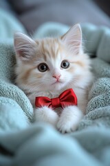Poster - A small kitten wearing a red bow tie lies comfortably on a soft blanket