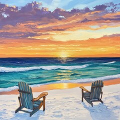 Poster - Two beach chairs facing the ocean, perfect for relaxation and sunset watching