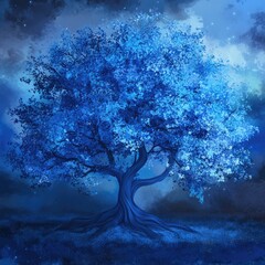 Poster - A lone blue tree stands tall in a green field with rolling hills and a sunny sky