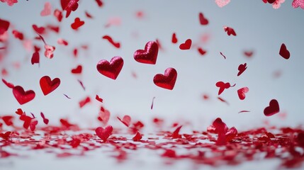 Wall Mural - Valentines day banners. Heart confetti falling over white background for greeting cards, wedding invitation.Valentines day banners. Heart confetti falling over white background for greeting cards,