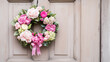 © Nazlykhan - Vibrant floral wreath with fresh blooms on rustic wooden door for spring decor