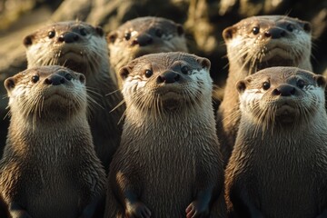 Poster - A group of otters standing together, possibly socializing or resting
