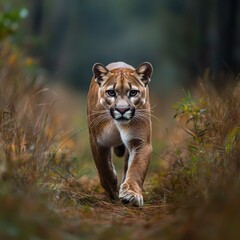 Poster - A majestic big cat roams freely through the dense forest, its powerful legs carrying it effortlessly between trees