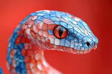 Poster - Close-up shot of a blue and red snake statue, perfect for decorative or symbolic uses