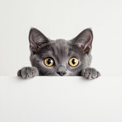 Aufkleber - A curious gray cat peers out from behind a sign, its bright yellow eyes visible