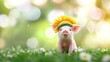 © RodolfoJesus - little pink pig, wearing a sunflower hat, on green grass with a rainbow sky, generative ai