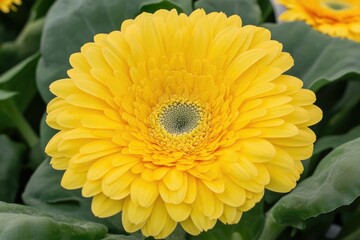Aufkleber - A detailed view of a bright yellow flower with green leaves