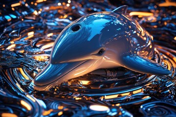 Poster - A dolphin-shaped statue sits atop a pile of heavy chains, conveying themes of freedom and determination