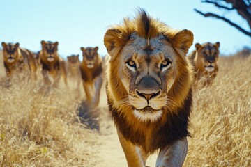 Poster - A group of lions walking together on a dirt road, possibly in an African savannah