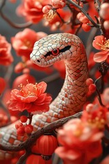 Poster - A snake sits among red flowers in a tree, perfect for wildlife or nature-themed images