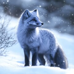 Poster - A white fox stands in the snow with a bush in the background