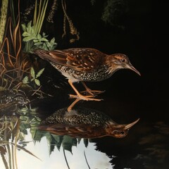 Poster - A bird perched on the edge of a peaceful pond, perfect for wildlife or nature scenes