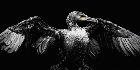 Poster - A black and white photograph of a bird with its wings spread, great for use in educational or editorial contexts