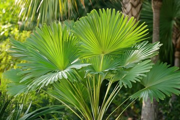 Wall Mural - Image of palm trees growing in a lush green grass, perfect for travel or nature-related projects