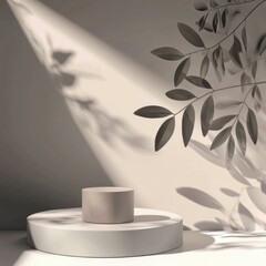 Poster - A simple white pedestal with a lush green plant in the background