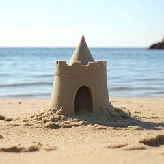 Wall Mural - A colorful sandcastle sits atop a sandy beach, perfect for a summer vacation or tropical getaway