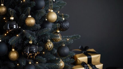 Aufkleber - A Christmas tree decorated with black and gold ornaments, perfect for holiday celebrations