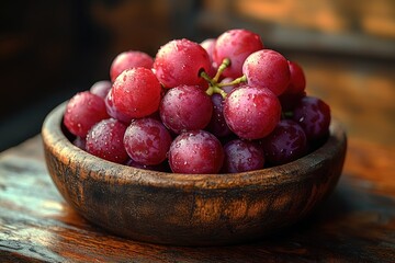Poster - Wooden bowl filled with juicy red grapes, great for still life photography or food styling