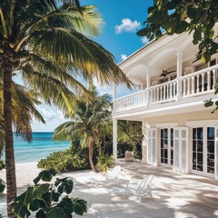 Poster - A cozy white house surrounded by palm trees and located directly on the beach