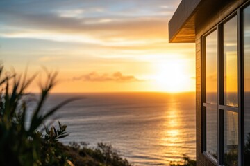 Poster - A beautiful ocean sunset viewed from a house, perfect for coastal or beach-themed projects