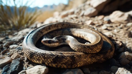 Aufkleber - A snake curls up on a rocky terrain, its body twisted in a spiral shape