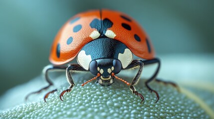 Poster - A small ladybug perched on a green leaf, natural environment