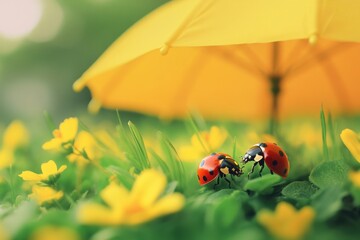 Poster - A couple of ladybugs sit on top of a lush green field