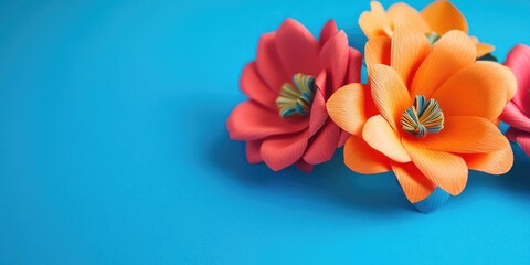 Aufkleber - Three delicate paper flowers placed on a bright blue surface