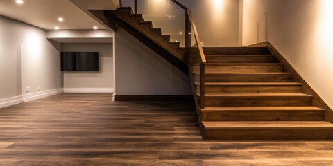 Poster - A staircase leads up to the second floor of a building, with railing and steps